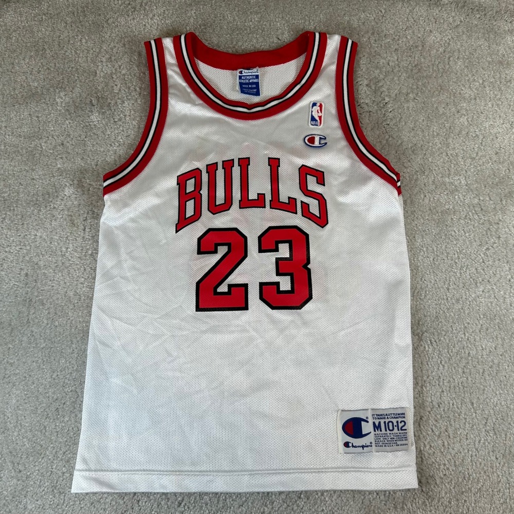 Vintage Champion Chicago Bulls Jersey Kids M 10-12 White Michael Jordan 23 NBA